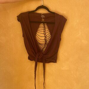 Boho Cutout Tie-Front Crop Top. Deep Plum.